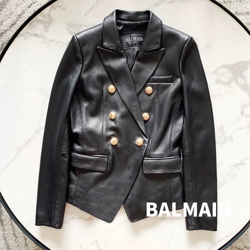 Balmain Genuine Leather Coat with Gold Buckles, Turkish Sheepskin, Slimming Design