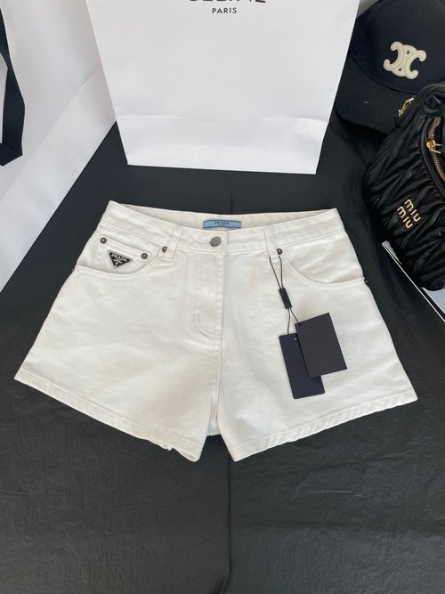 Prada Fashionable Denim Shorts with Enamel Triangle Logo