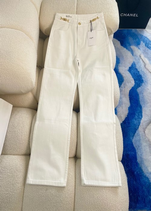 Celine Straight-Leg White Jeans with Triomphe Logo Buckle, High-Waisted Style