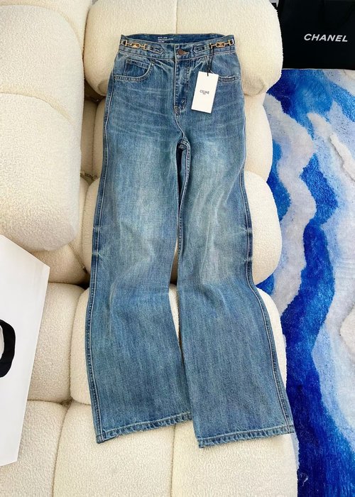 Celine Stylish and Long-Legging Jane Straight-Leg Jeans with Arc Logo Double Buckle Waist Chain