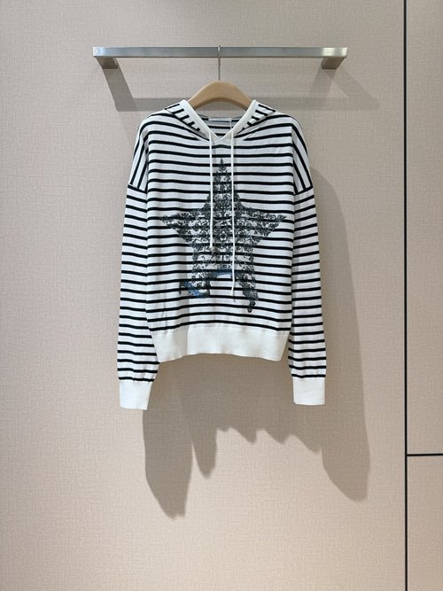 Dior Round-neck Striped Star Print Hooded Pullover with Embellishment