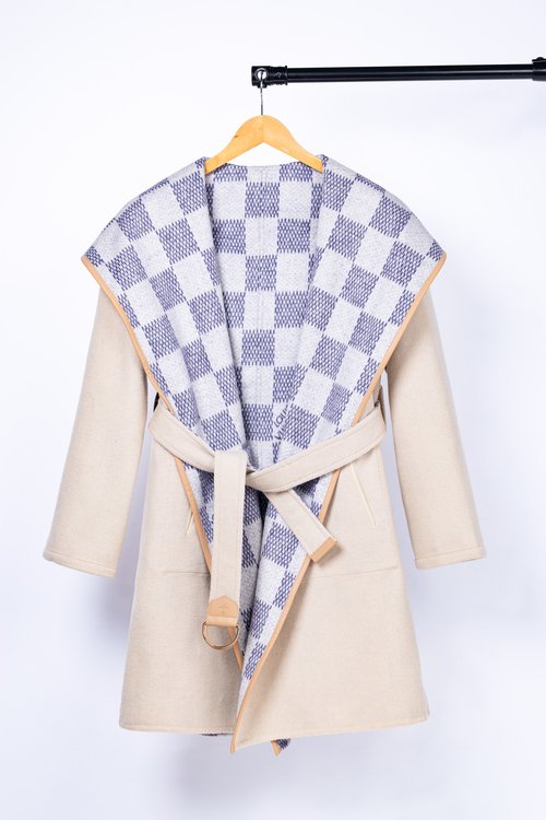 Louis Vuitton Long Checkerboard Small-flowered Wool-Silk Blend Coat