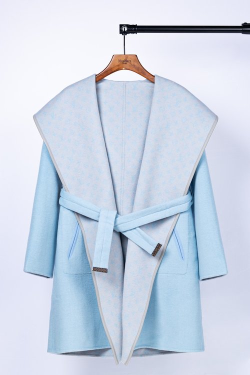 Louis Vuitton Sky Blue-bottom Floral Long Coat, Elegant Wool Silk Fabric