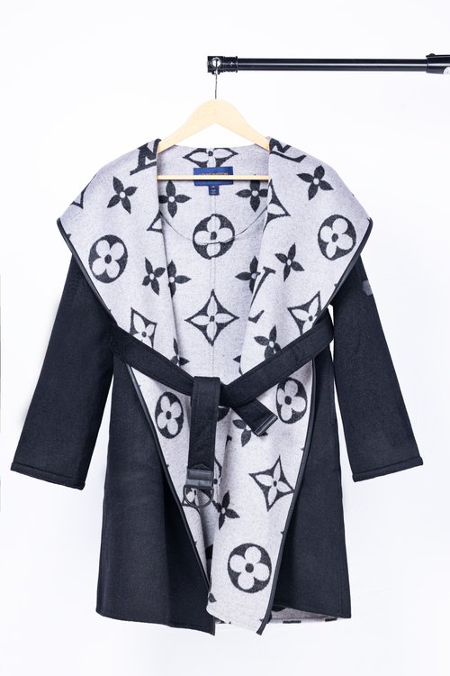 Louis Vuitton Long Black Large-flowered Wool-Silk Blend Coat