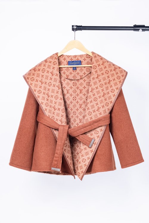 Louis Vuitton Brown Floral Short Coat, Premium Wool Blend with Dust Bag