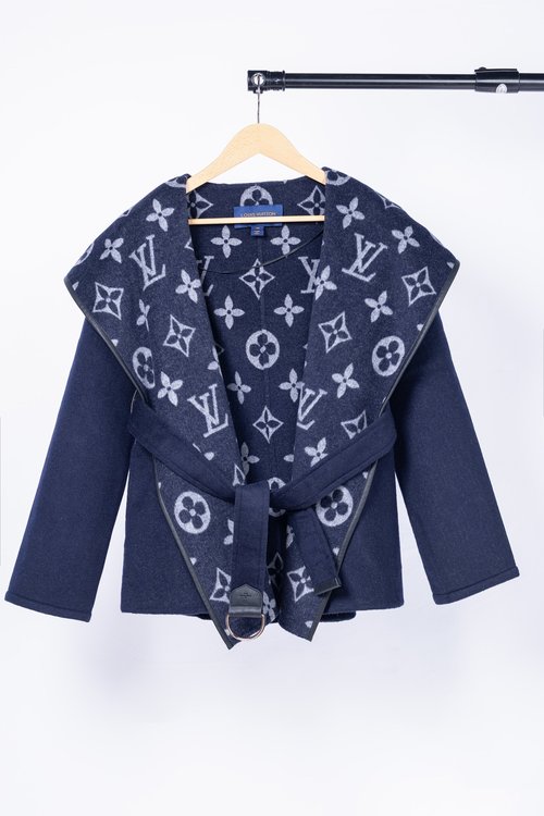 Louis Vuitton Navy Medium Flower Short Style Garment with Dust Bag, 99% Wool, 1% Silk