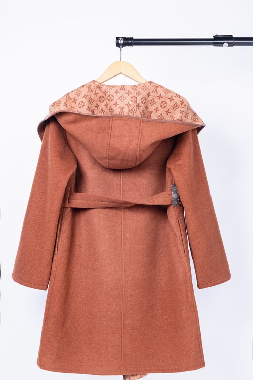 Louis Vuitton Long Coffee Small-flowered Wool-Silk Blend Coat