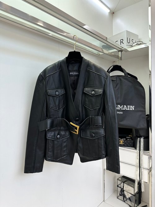 Balmain Exquisite Imported Sheepskin Belted Leather Jacket
