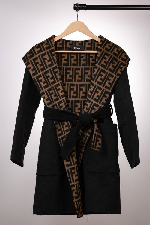 Fendi Black Jacquard Medium - length Coat of Pure Wool with Dust Bag