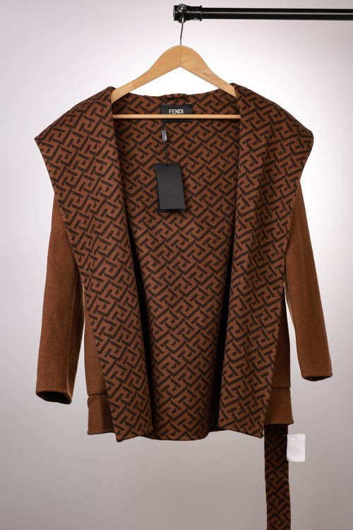 Fendi Caramel Jacquard Short Coat of Pure Wool with Dust Bag