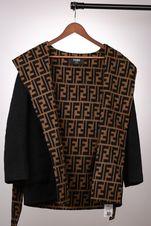 Fendi Black Jacquard Short Coat of Pure Wool with Dust Bag