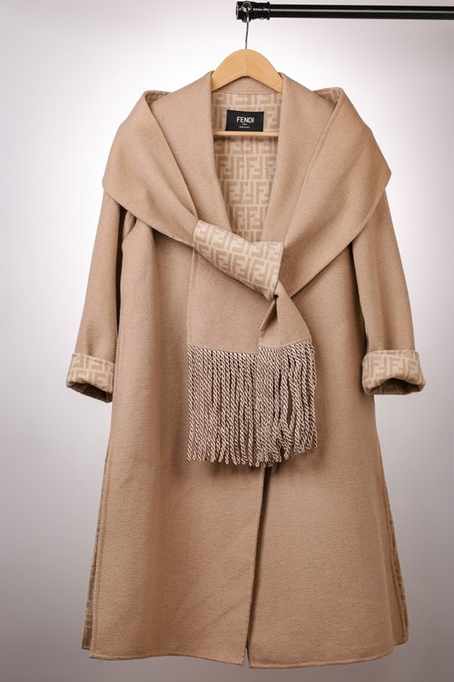 Fendi Camel Scarf-style Long Wool Coat with Dust Bag