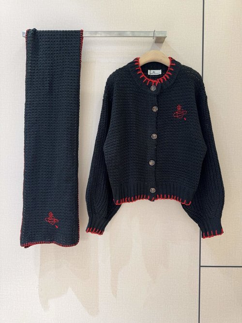 Vivienne Westhood Open-knit Sweater with Red Embroidery and Matching Scarf