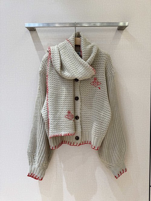 Vivienne Westhood Loose Knit Open Cardigan with Red Embroidery and Scarf