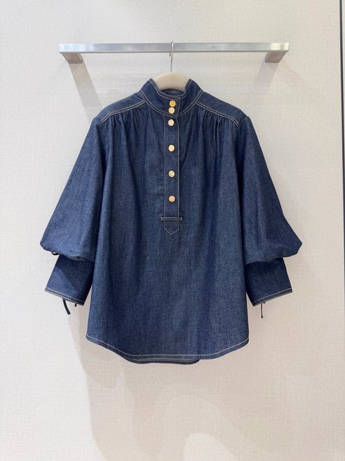 Zimmermann Stand - Collar Denim Shirt with Lantern Sleeves and Cuff Ties