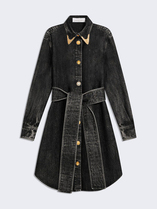 Schiaparelli New Denim Shirt Dress with Metal Collar and Belt in Gray
