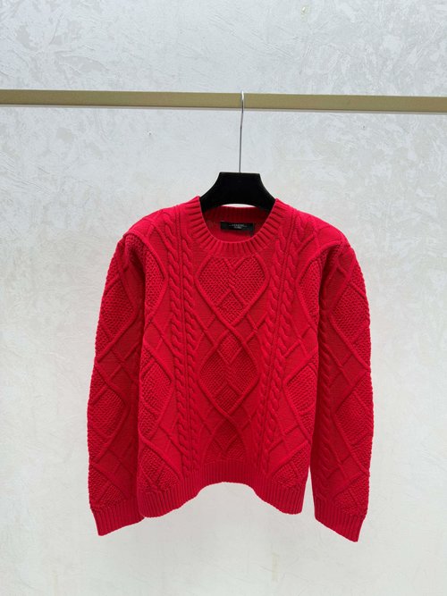Max Mara Solid 3D Lattice Crew Neck Knit Long Sleeve in White, Khaki, Red