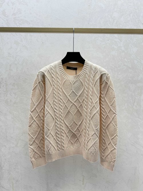 Max Mara Solid 3D Lattice Crew Neck Knit Long Sleeve in White, Khaki, Red