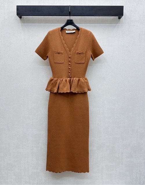 Self-Portrai Alpaca Blend Knit Dress with V-Neck and Pocket Details