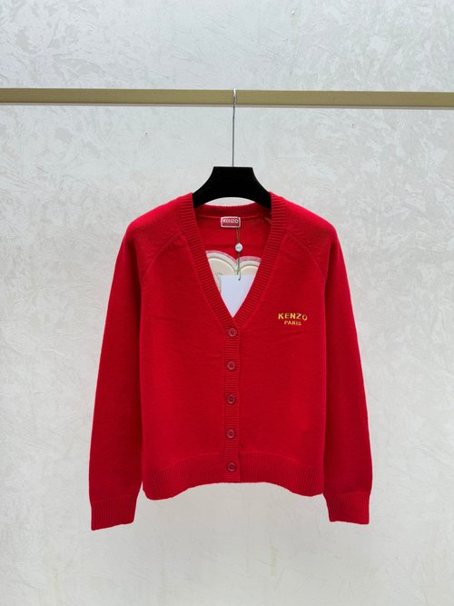 Kenzo Contrasting Back Flower V-Neck Knit Long Sleeve in White and Red