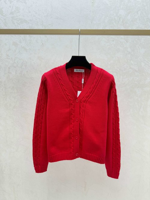 Max Mara Solid Color White, Khaki & Red V - Neck Knitted Long Sleeve Cardigan