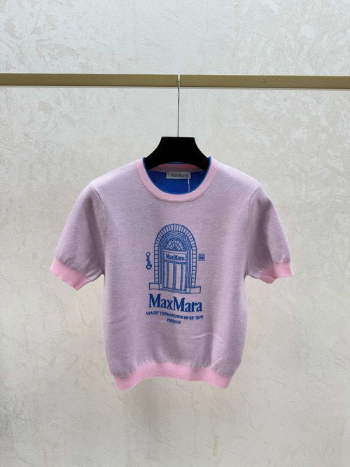 Max Mara White, Pink and Black Color-Blocked Letter Knit Short-Sleeved Top