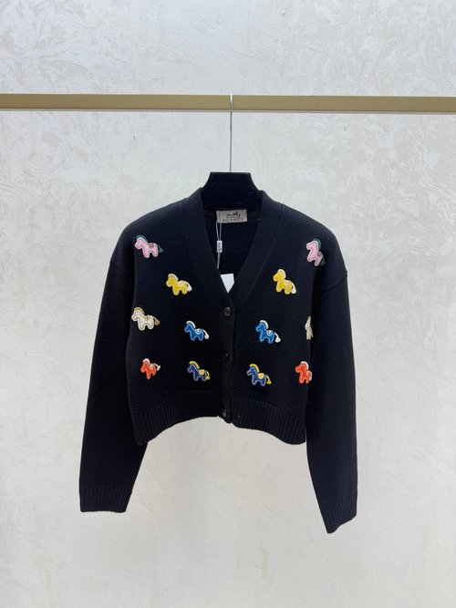 Hermes Contrast Color Pony V-Neck Long-sleeve Knit Cardigan in White, Red & Black