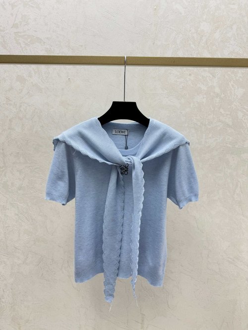 Loewe Yellow and Blue Solid Color Shawl Round Neck Knit Short Sleeve