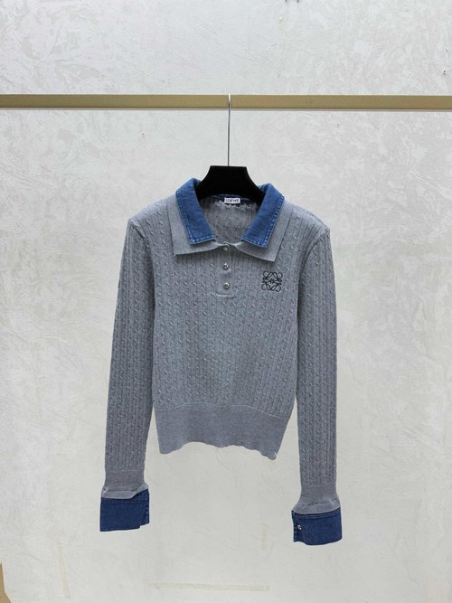 Loewe Color-Blocked Lapel White & Gray Knit Long Sleeve Cardigan