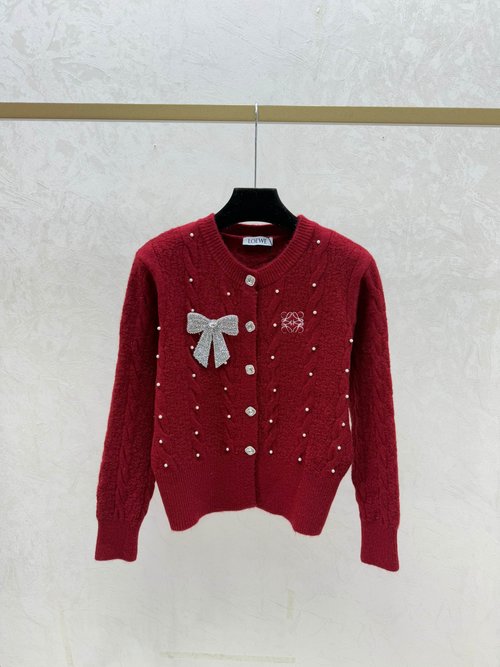 Loewe White and Red Contrast Bow - Bead Round Neck Knit Long Sleeve Cardigan