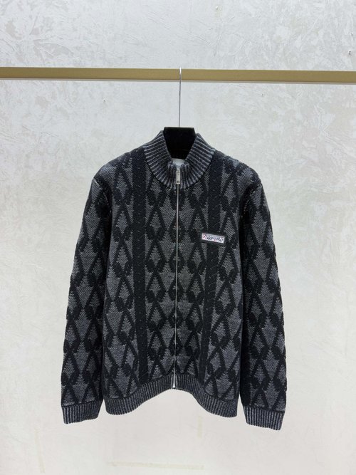 Burberry Color-Blocked Checkered High-Neck Knit Cardigan in Gray & Black