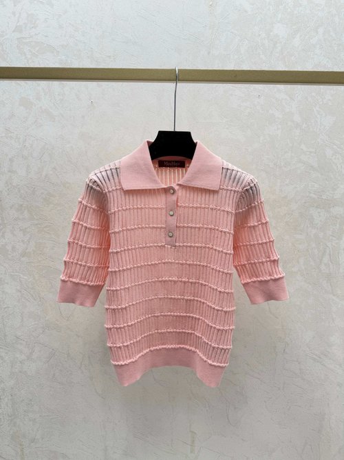Max Mara White, Pink and Black Solid-Color Turn-Down Collar Knitted Short Sleeve