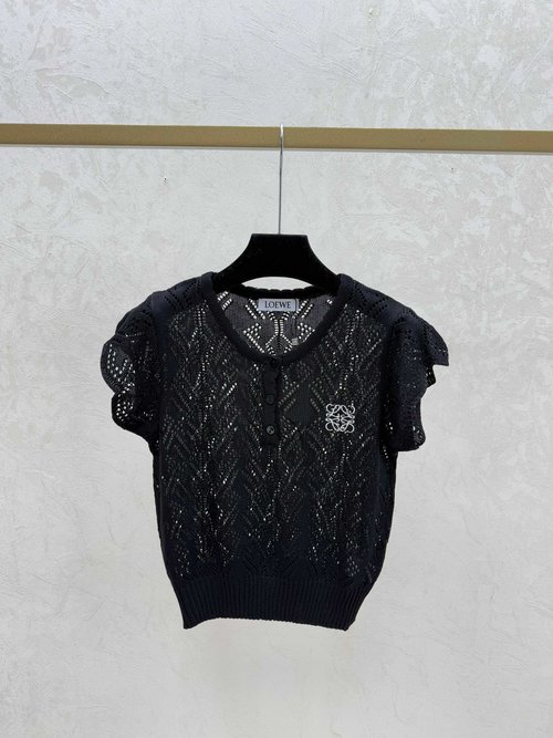 Loewe White & Black Solid Color Hollow Round-Neck Knitted Short-Sleeve