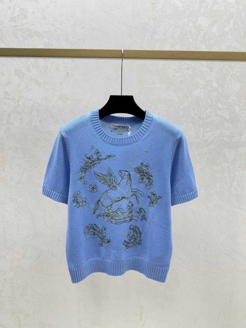 Dior Contrast Pony Embroidery Round-neck Short-sleeved Knit