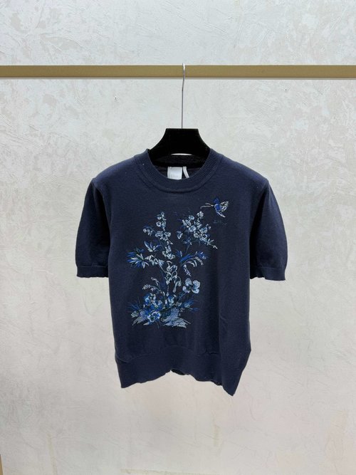 Dior Color-Blocked Sapphire and White Knitted Short-Sleeved Top