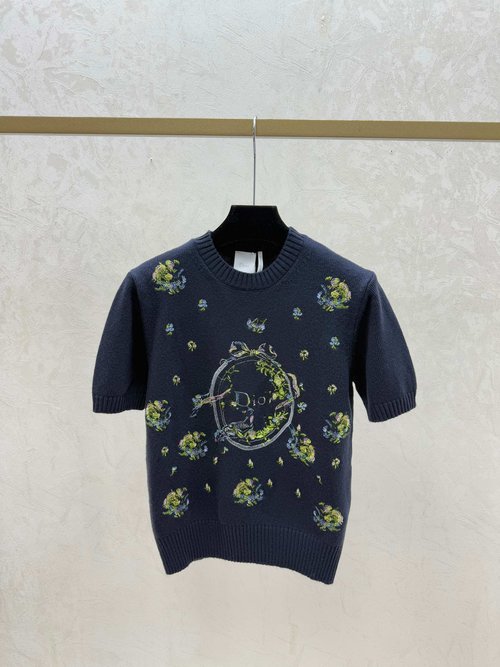 Dior Contrast Color Floral Round-Neck Knit Short Sleeve in White and Sapphire