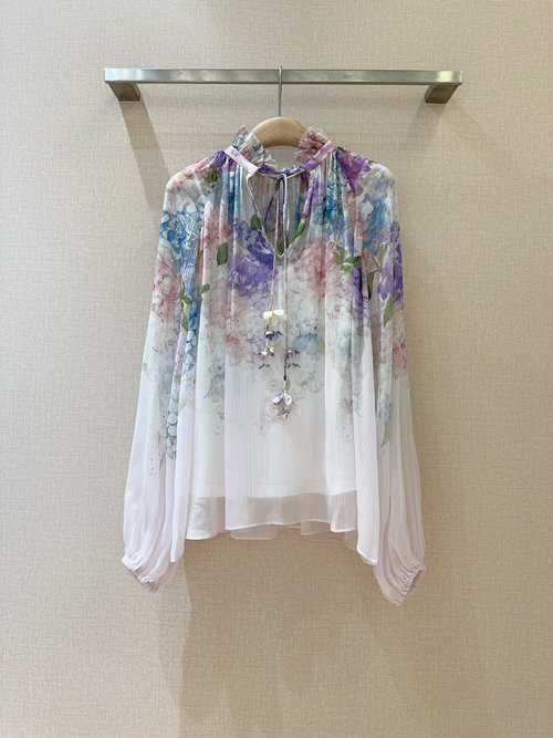 Zimmermann Multicolor Hydrangea Patterned Shirt with Lantern Sleeves and Collar Tie