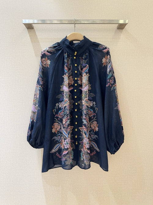 Zimmermann Navy Paisley Patterned Shirt with High Collar, Lantern Sleeves and Shell Lace