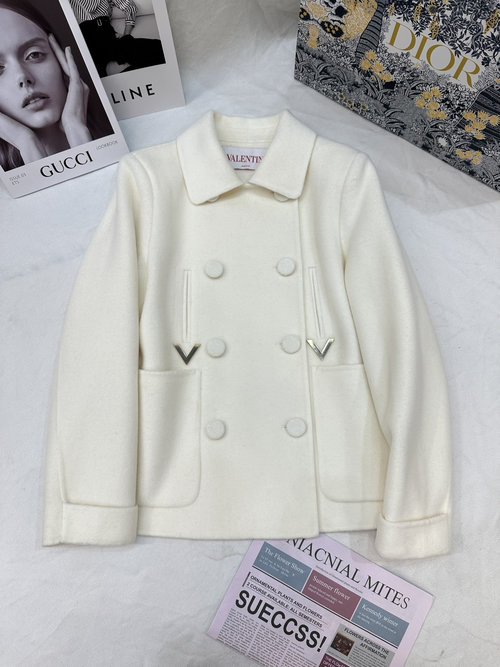 Valentino Double-Faced Cashmere Cropped Coat with Golden V Buckle Design