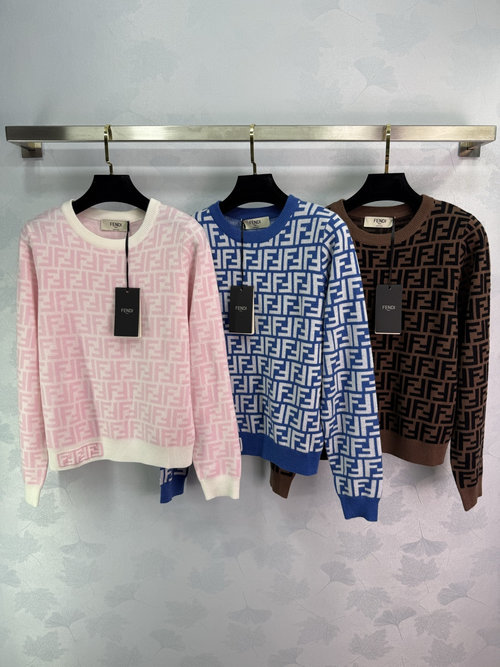 Fendi Round - Neck Double - Knit Top with Interwoven Pattern