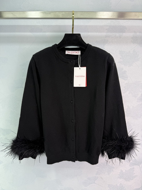 Valentino Knit Cardigan with Feather Trim on Sleeves, 100% Wool, Round Neck with Vertical Buttons