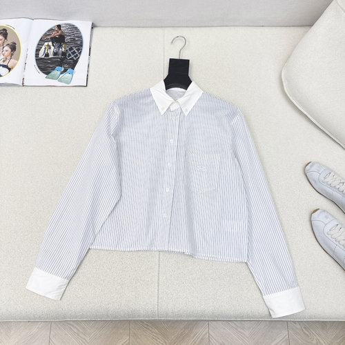 Celine Loose H-Cut Striped Short Shirt with Embroidered Logo