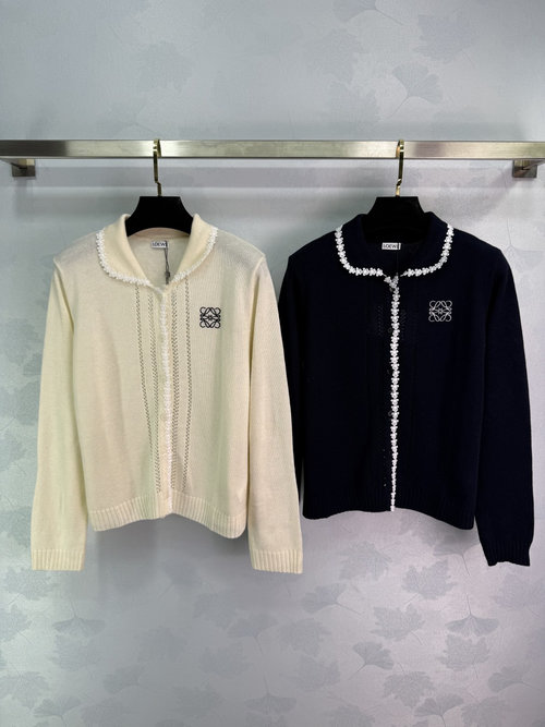 Loewe Embroidered Totem Logo Collar Long Sleeve Cardigan, Elastic and Slim-Fit