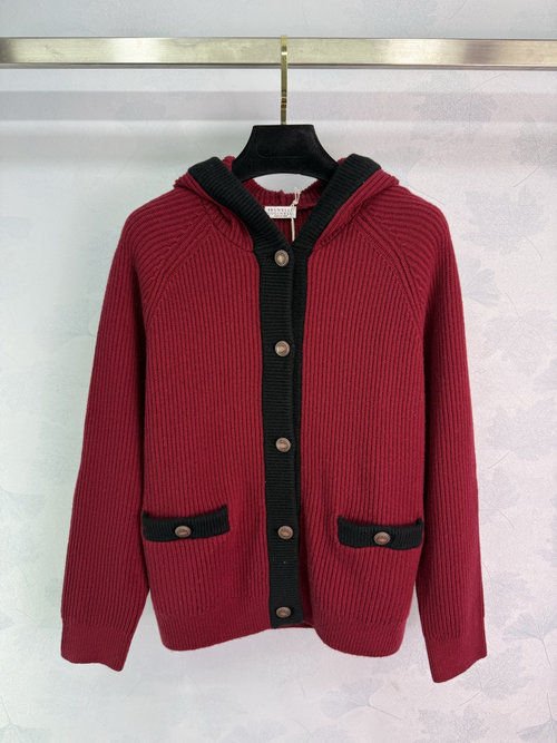 Brunello Cucinelli Color-block Hooded Cashmere Cardigan with Vintage Buttons