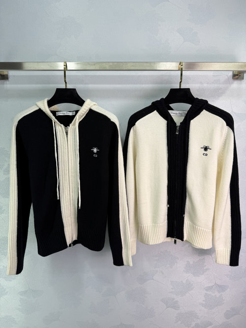 Dior Black and White Color - Block Knitted Cardigan with CD Bee Logo