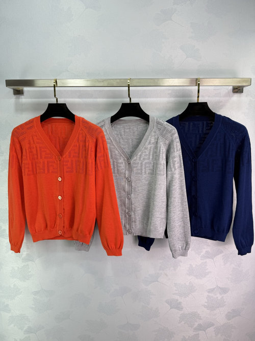 Fendi Orange Red, Gray, Navy Lace Knit Cardigan with FF Logo