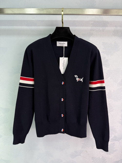 Thom Browne Dog Embroidered Wool Knit Cardigan with Striped Sleeves