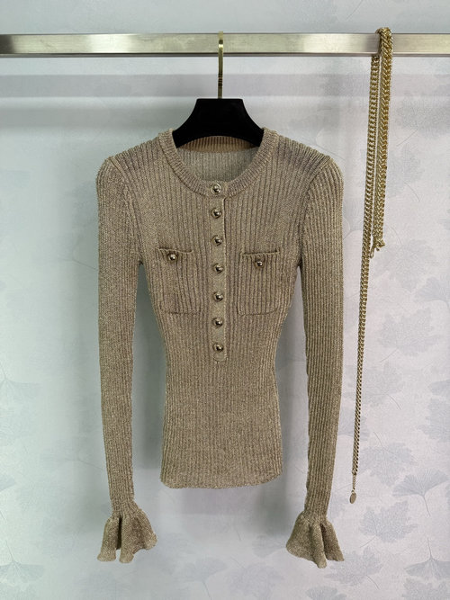 Self-Portrai Golden Knitted Round Neck Top with Metal Waist Chain