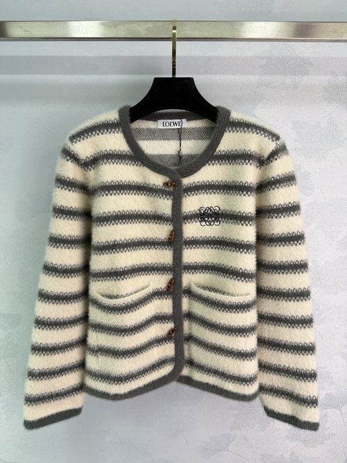 Loewe Striped Knit Cardigan with Horn Buttons and Double Pockets Design