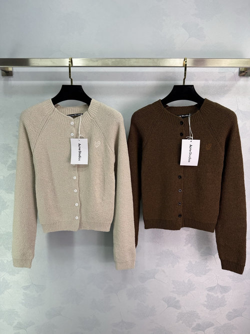 Acne Studios Round Neck Knit Cardigan with Small Heart Embroidery and Short Fit